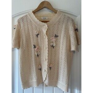 Vintage VORA Knit Sweater Women’s M Floral Appliqué Button Cardigan Cream
